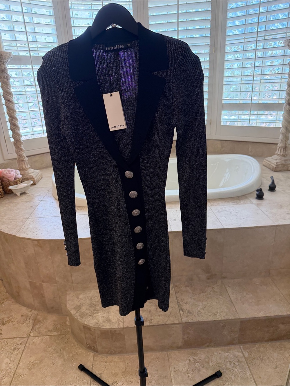 Retrofête Black Metallic Knit Long Blazer with Silver Buttons